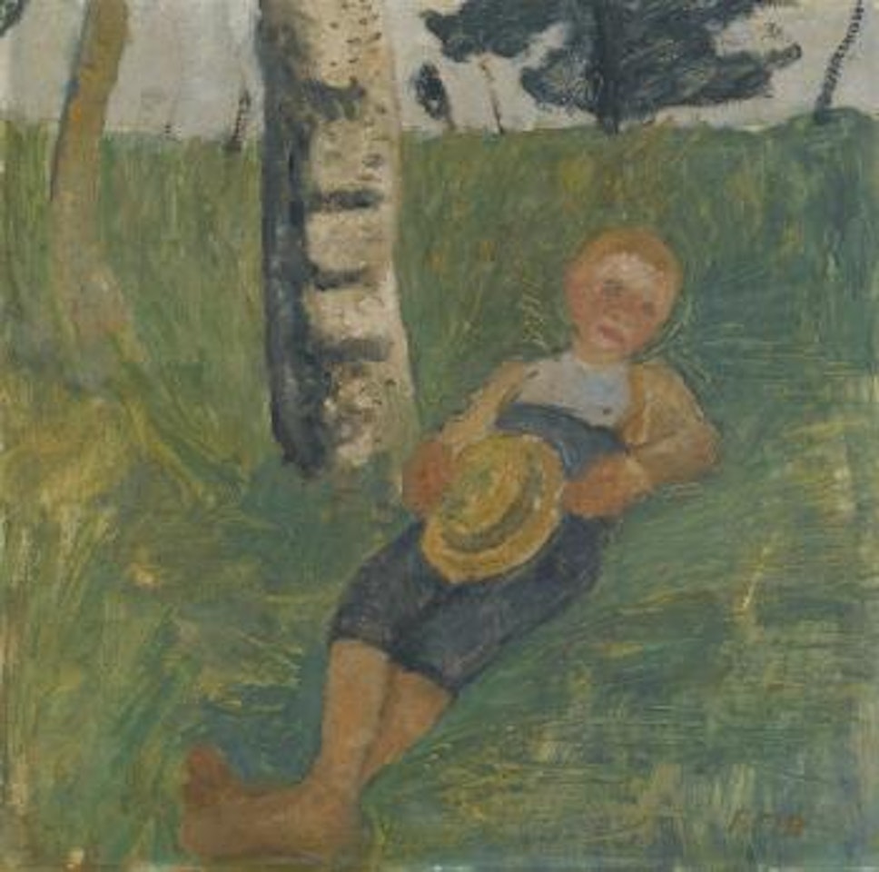 Junge Am Birkenstamm Im Gras Liegend (Young Man Lying In Grass Next To A Birch Tree) by Paula Modersohn-Becker