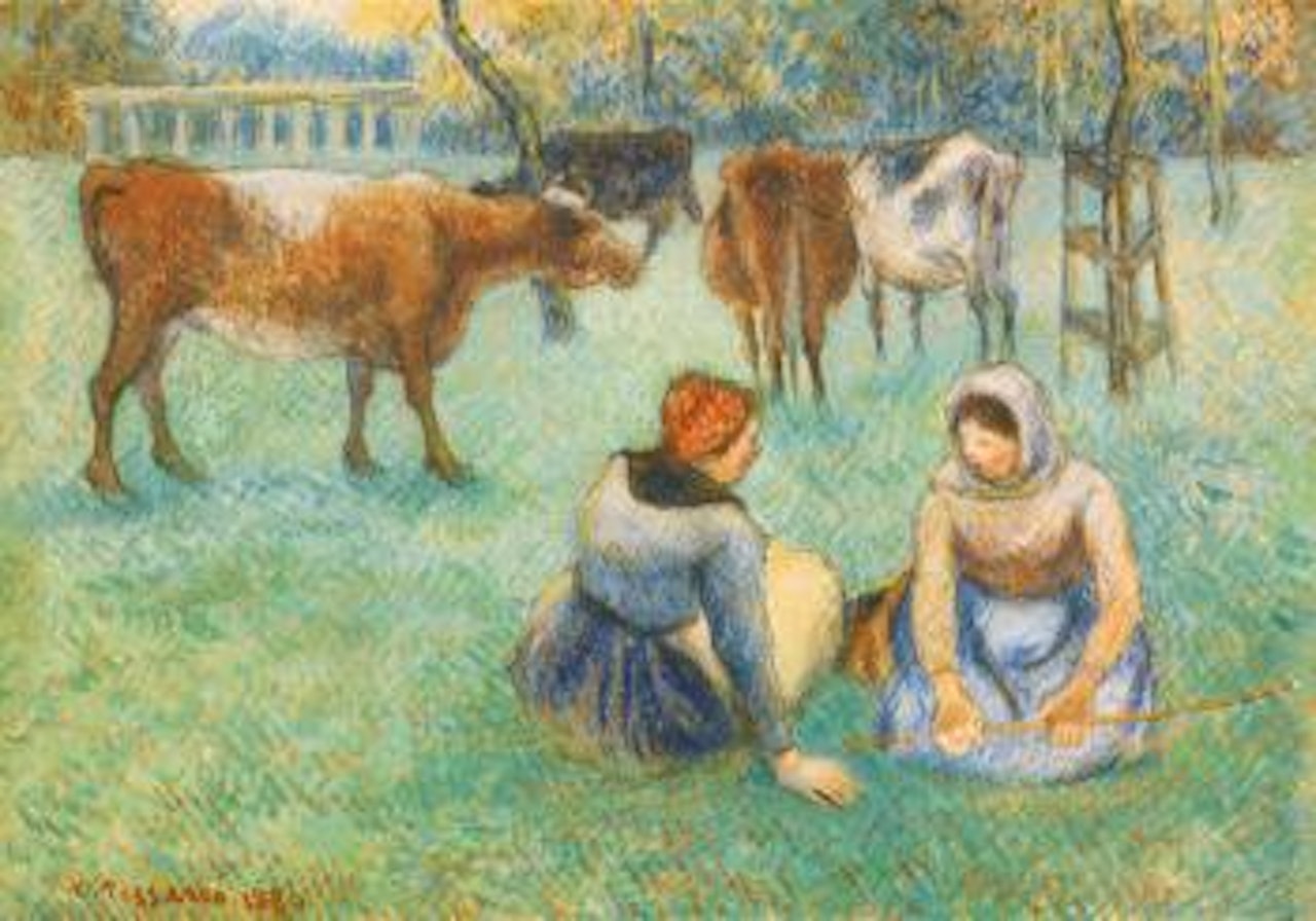 Paysannes Assises Gardant Des Vaches by Camille Pissarro