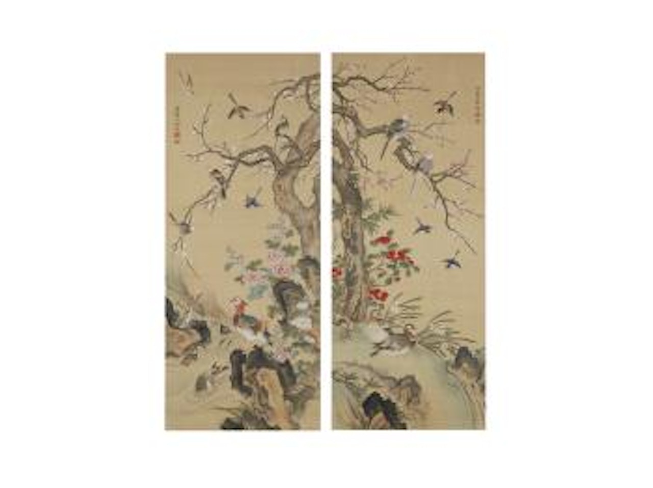 Figure of birds flying around flowers in four seasons by Shen Quan