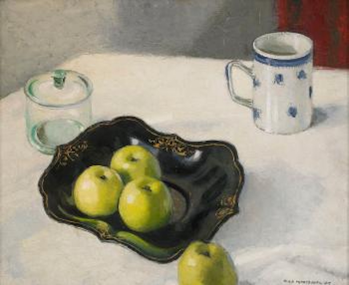Stilleben med äpplen på fat by Olle Hjortzberg
