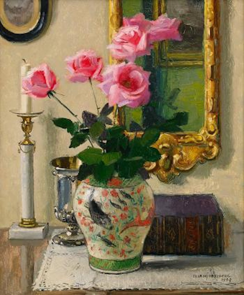 Stilleben med rosa rosor i kinesisk vas - Interiör by Olle Hjortzberg