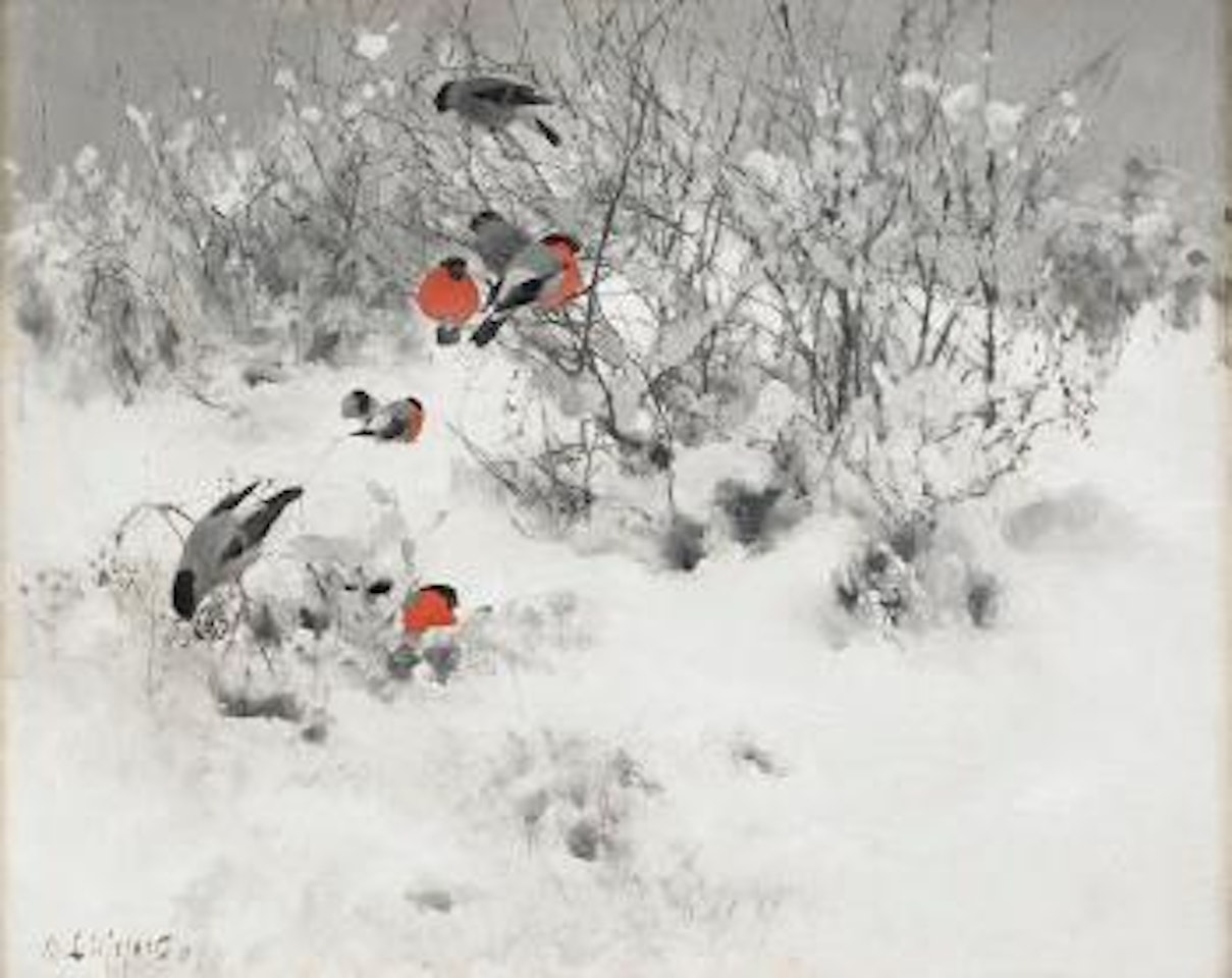 Vinterlandskap med domherrar by Bruno Liljefors