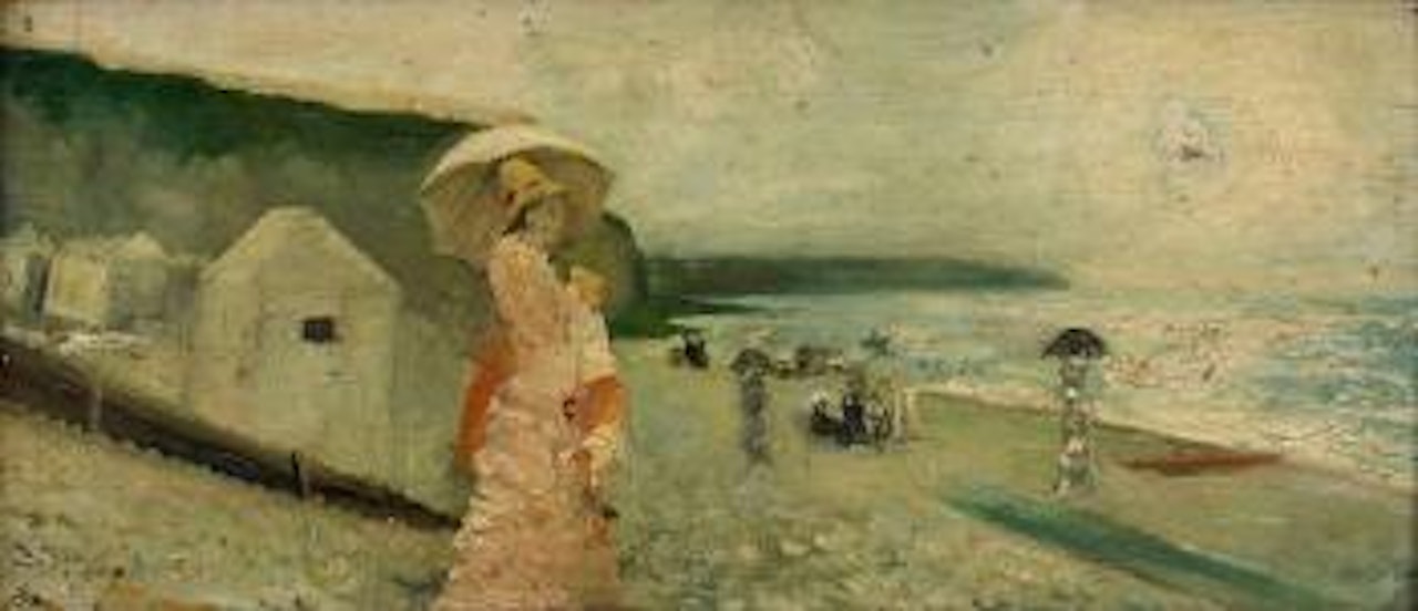 Elegant kvinna med parasoll på strand - Dieppe by Alfred Stevens