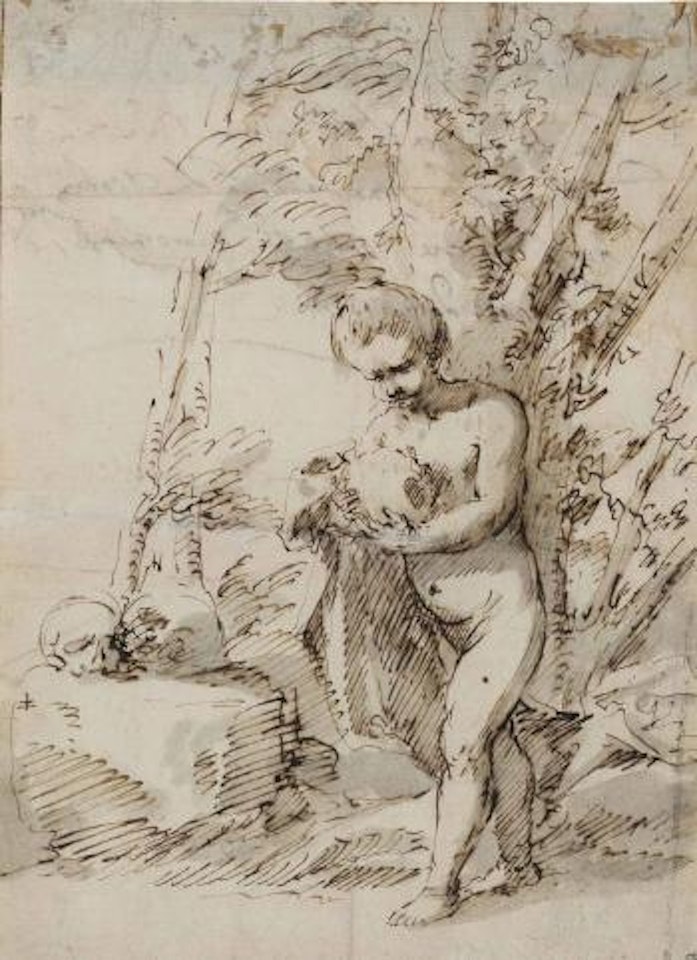 A young boy holding a skull in a wooded landscape by Salvator Rosa