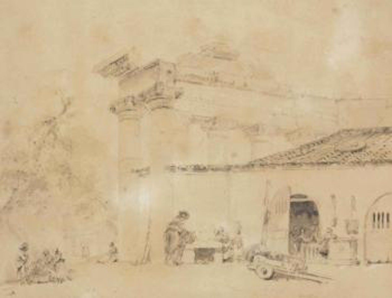 Peasants and a stable near ancient ruins by Jean-Honoré Fragonard