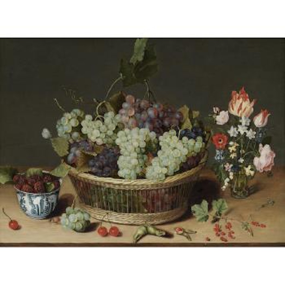 A still life of grapes in a basket, mulberries in a wanli kraak porcelain bowl and flowers in a glass vase on a stone ledge by Isaak Soreau
