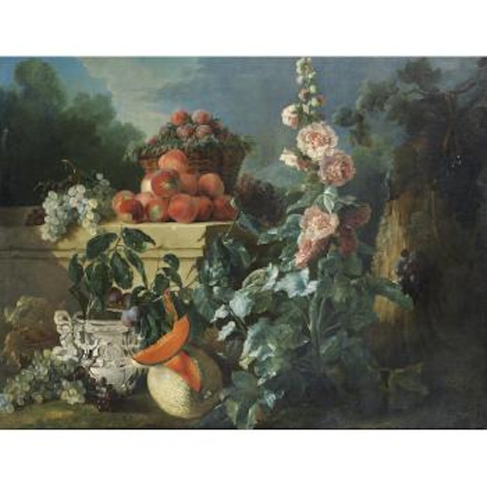 A still life of grapes, peaches and a basket of plums on a stone ledge above a silver wine cooler beside a split melon and a pink hollyhock in a wooded park by Jean-Baptiste Oudry