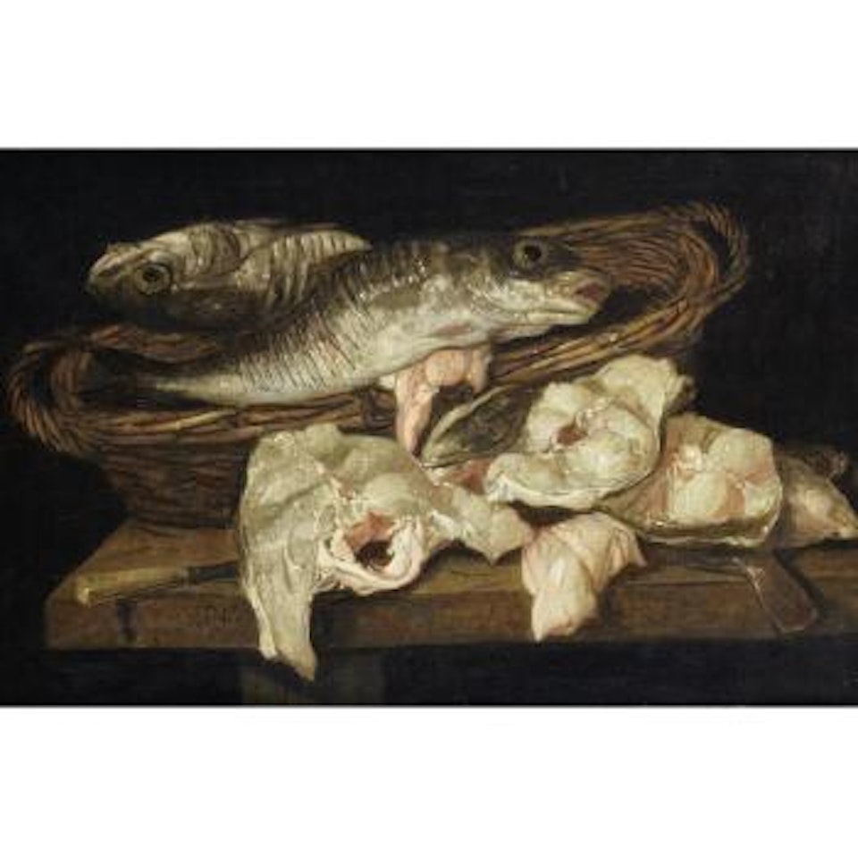 A still life of fish in a wicker basket by Abraham van Beijeren