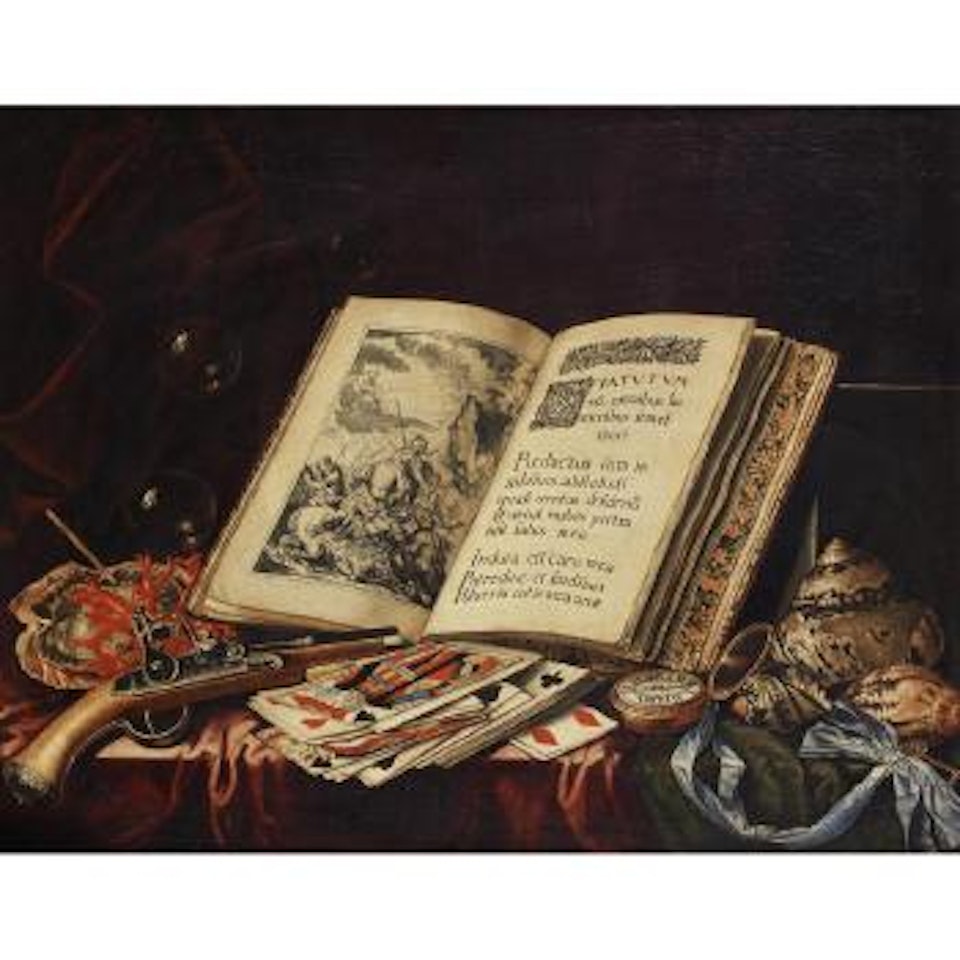 A still life of an open book, bubbles, coral, a flintlock pistol, playing cards, a pocket watch on a blue silk ribbon and a variety of shells on a table draped with a red and a green cloth by Simon Renard de Saint-Andre