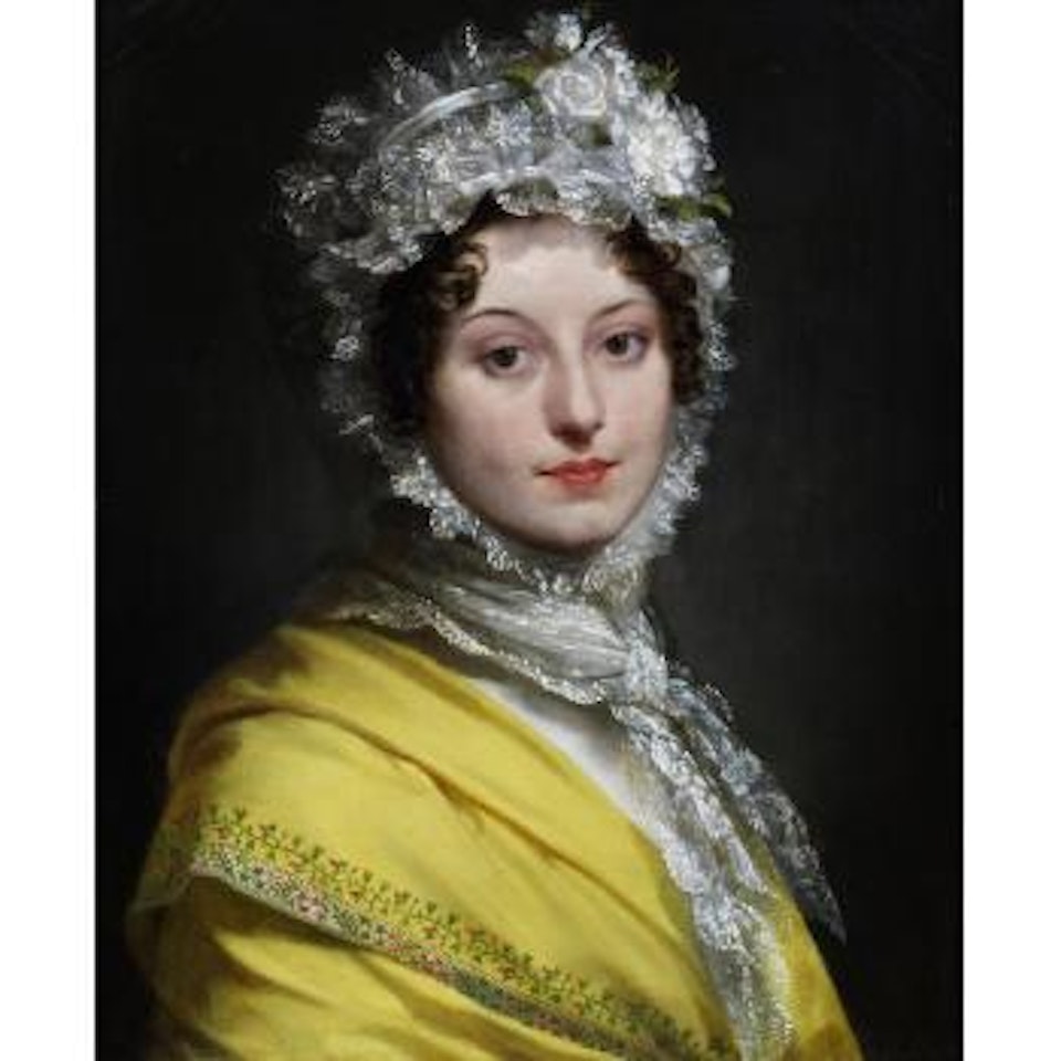 Portrait of Louise de Guéhéneuc, duchesse de Montebello (1782-1856), bust-length, in a yellow shawl and a lace bonnet by Pierre-Paul Prud'hon
