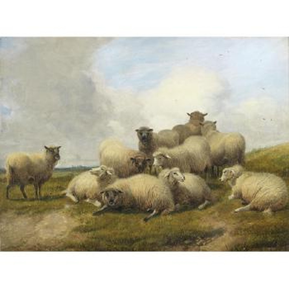 Sheep on a hillside by Thomas Sidney Cooper