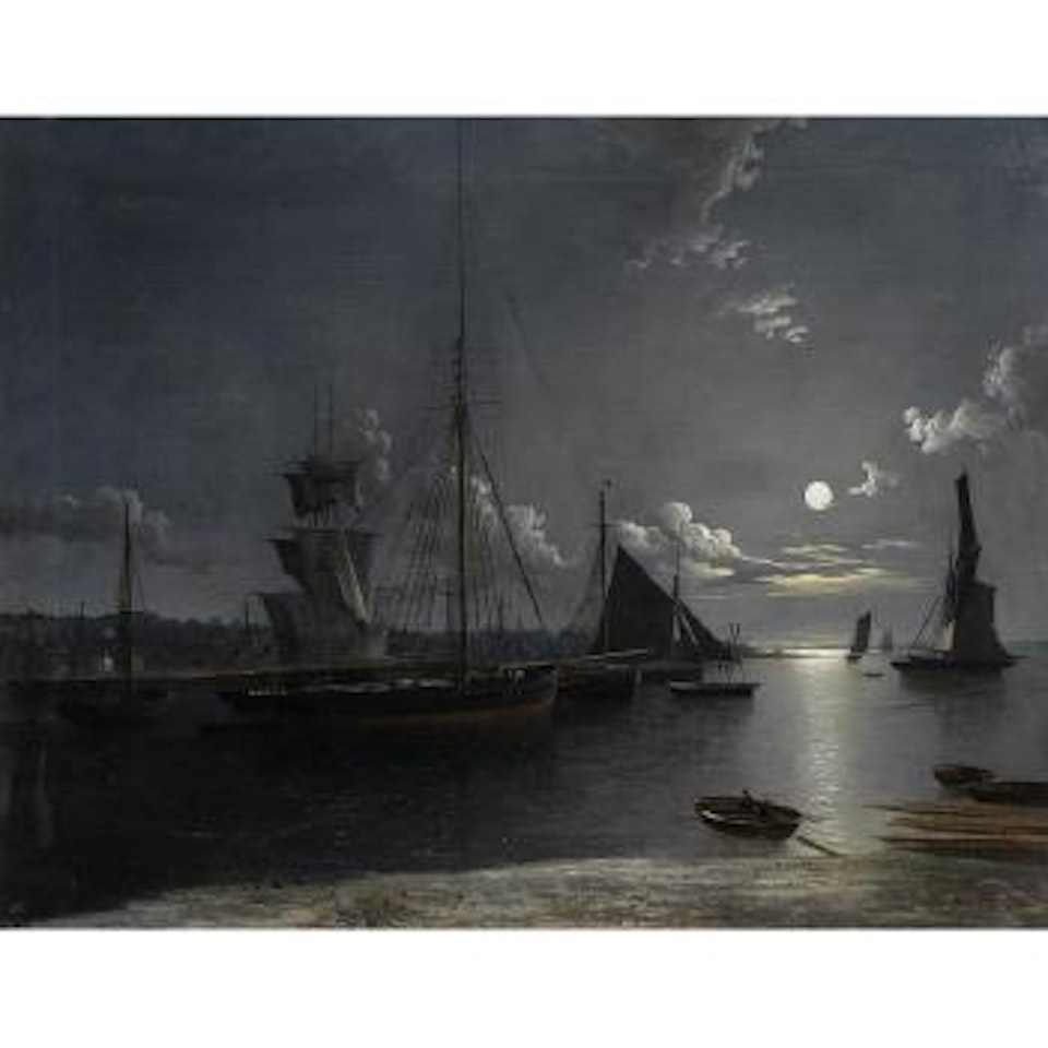 Fishing and other vessels on a moonlit estuary by Henry Pether