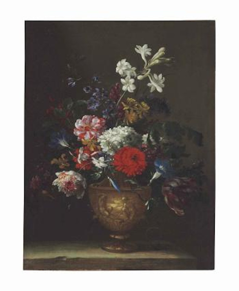 A hydrangea, chrysanthemum, tulip and other flowers in a sculpted vase by Jean Baptiste Monnoyer