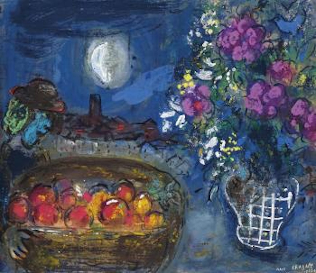 Corbeille de fruits et bouquet dans la nuit by Marc Chagall