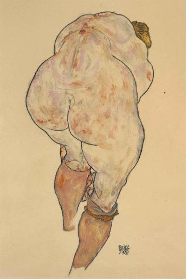 Weiblicher Rückenakt, Strümpfe anziehend (Female Nude Pulling up Stockings, Back View) by Egon Schiele