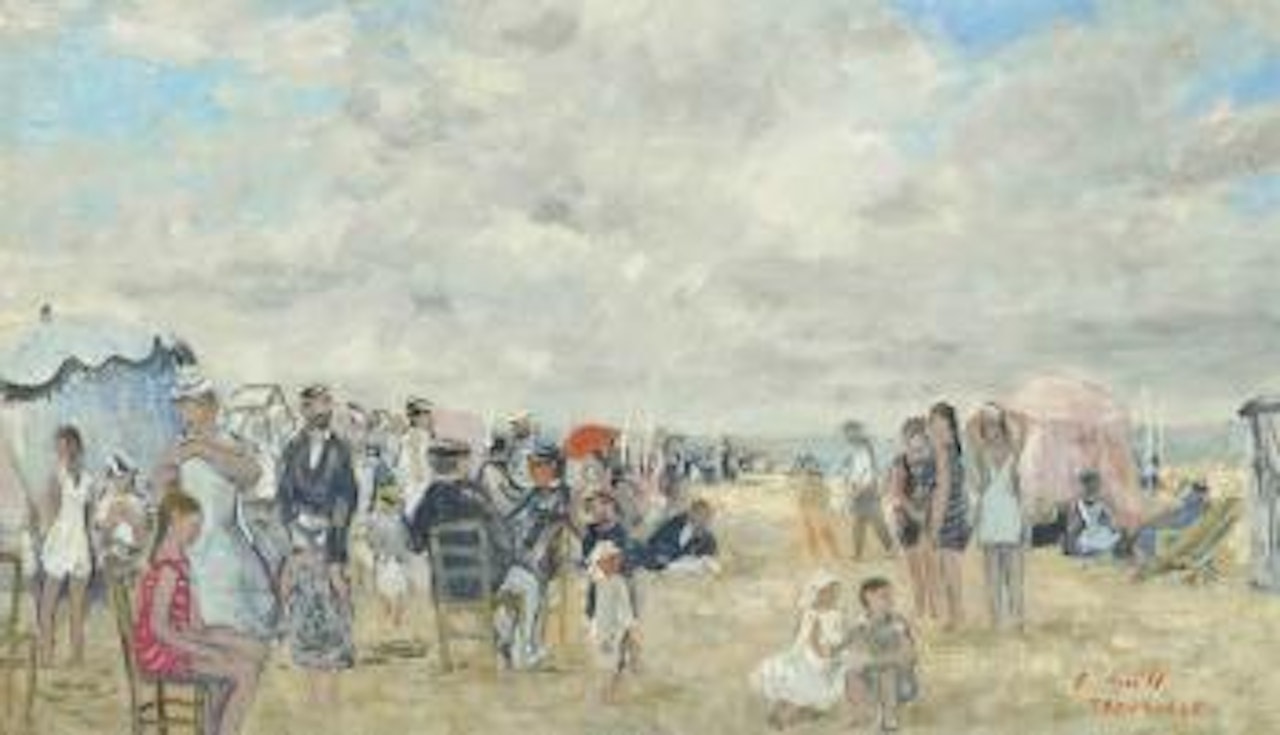 François et Eugènie Gall et leurs deux filles. Plage de Trouville by François Gall