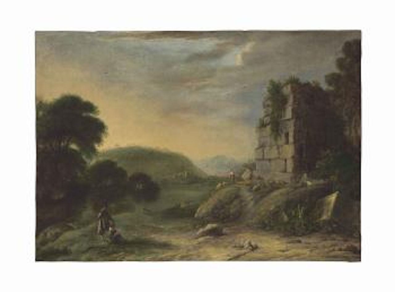 An Arcadian landscape with ruins, an artist drawing in the foreground by Claude Lorrain