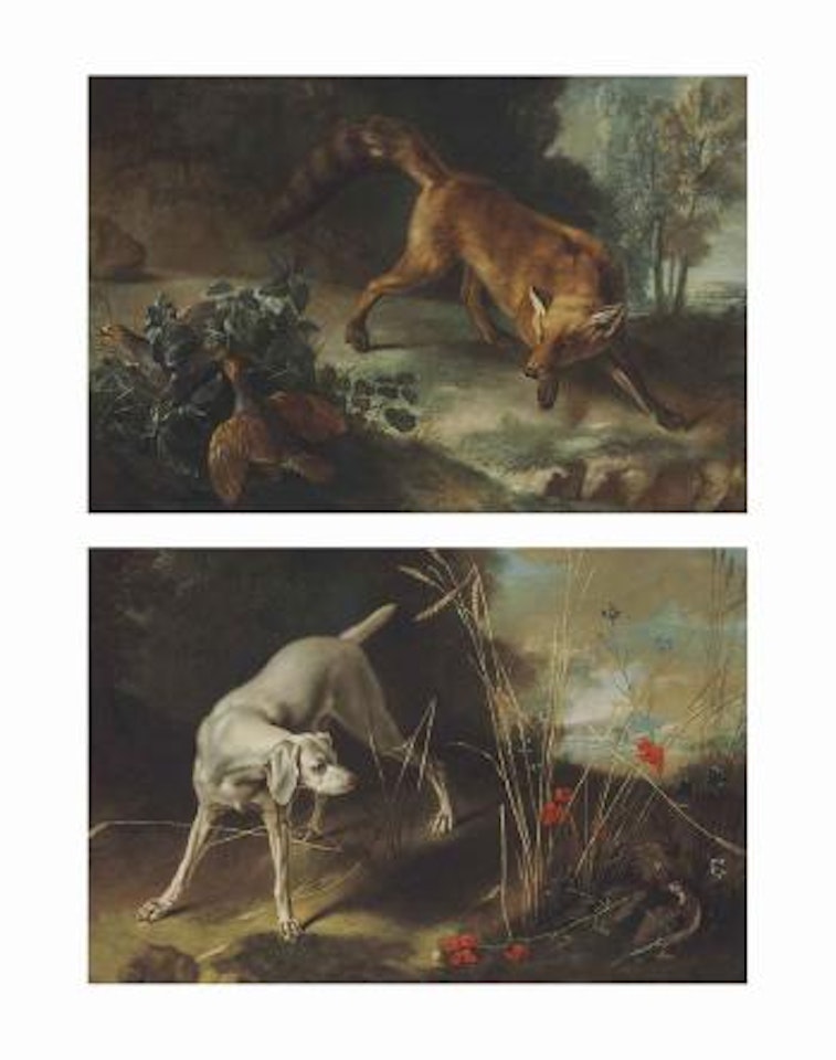 A fox stalking a brace of partridges; and A dog pointing a partridge by Jean-Baptiste Oudry