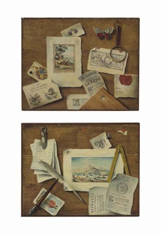 A trompe l'oeil with a magnifying glass, playing card, illustrated leaflets, and a moth; and A trompe l'oeil with a compass, a quill pen, and a view of Delphi by Italian School