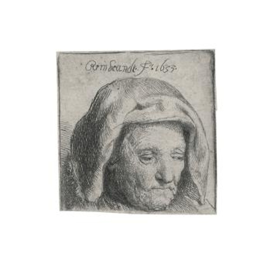 The Artist's Mother In A Cloth Headdress, Looking Down: Head Only (B., Holl. 351; New Holl. 121; H. 107) by Attributed to Rembrandt Harmensz van Rijn