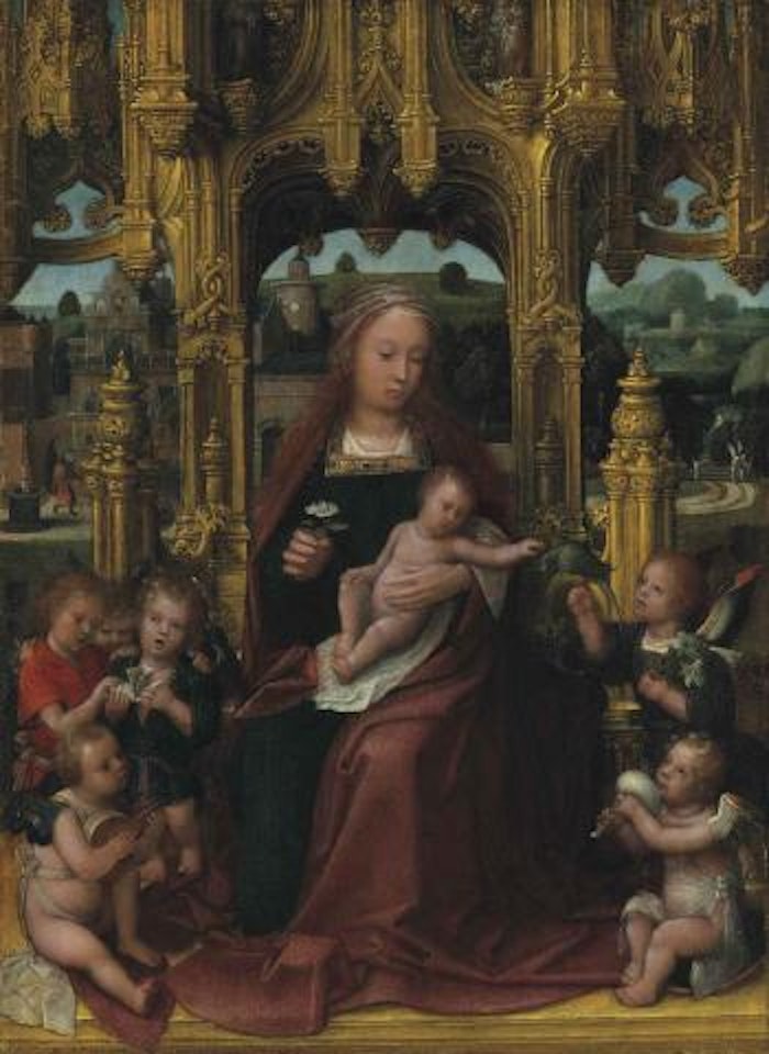 The Virgin and Child Enthroned, with musical angels, a landscape beyond by Adriaen Isenbrandt