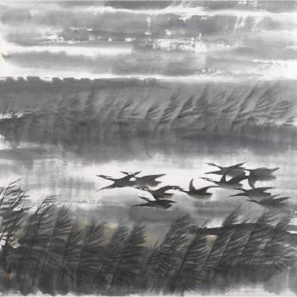 Geese in flight by Lin Fengmian