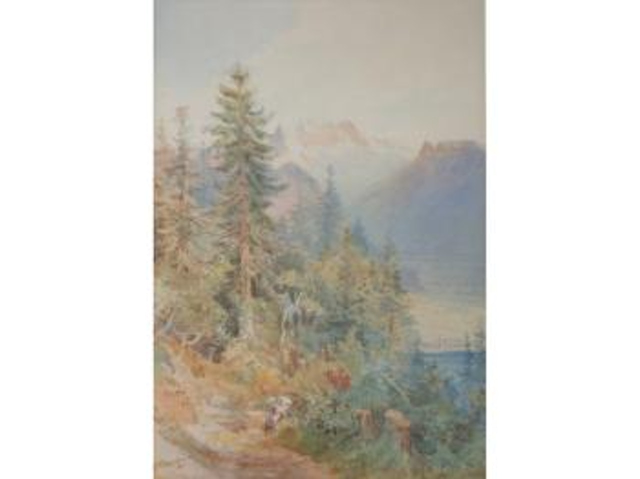 A figure on a lakeside path in the mountains by Nicholas Chevalier