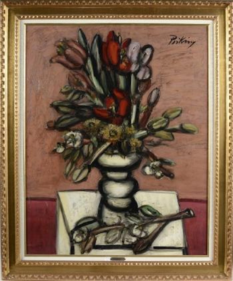 Bouquet de fleurs dans un vase blanc tourné by Franz Priking