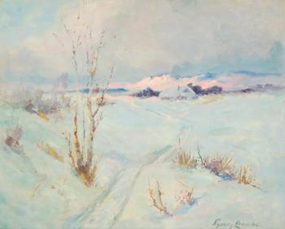 Winter Landscape at dusk with a snow covered cabin and mountains in the distance by Sydney Mortimer Laurence