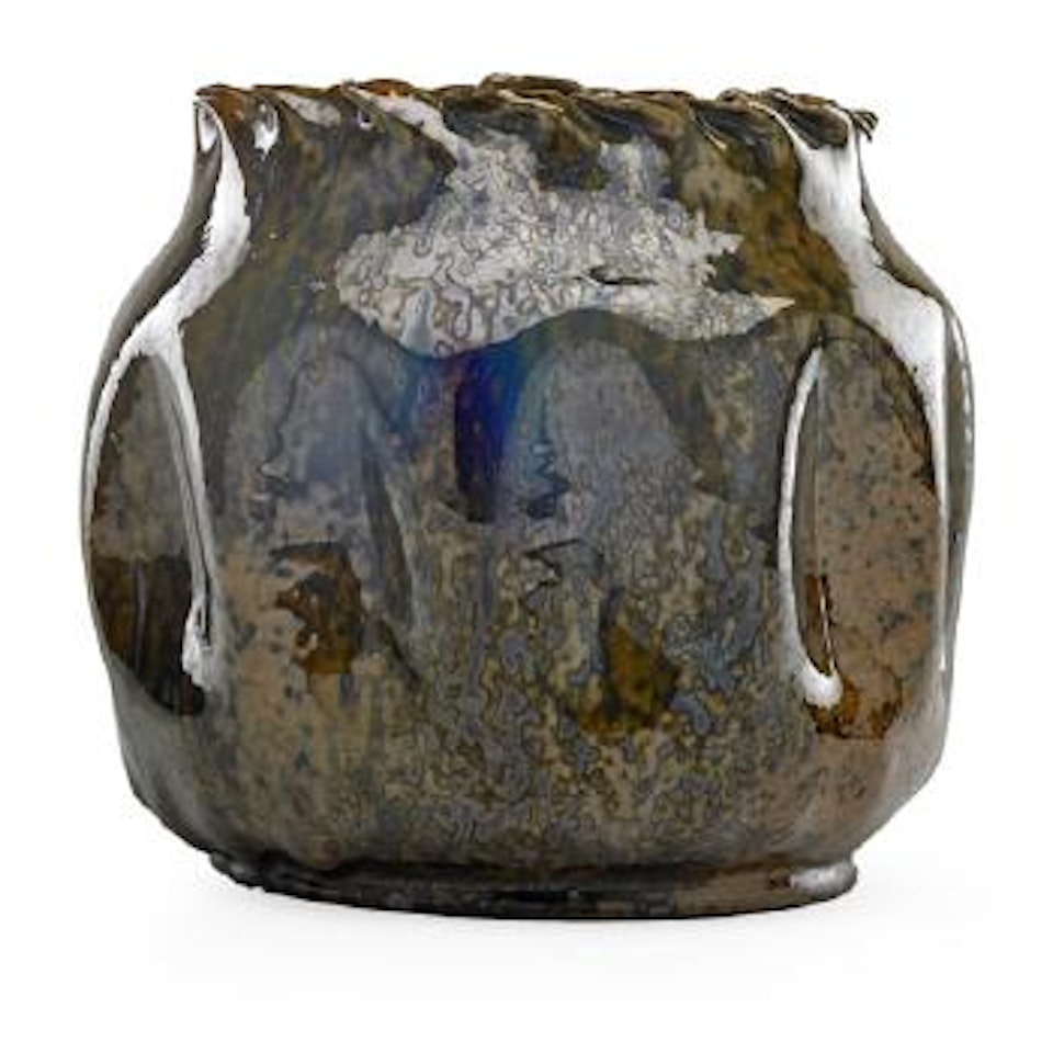 Large Dimpled Vessel With Folded Rim by George E. Ohr