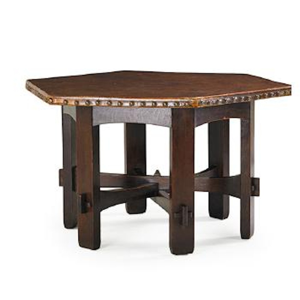 Library Table With Hexagonal Top And Stacked Stretchers by Gustav Stickley