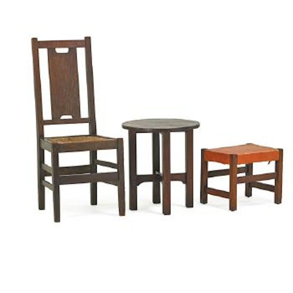 Gustav Stickley Tabouret And H-back Chair, And Arts And Crafts Footstool by Gustav Stickley