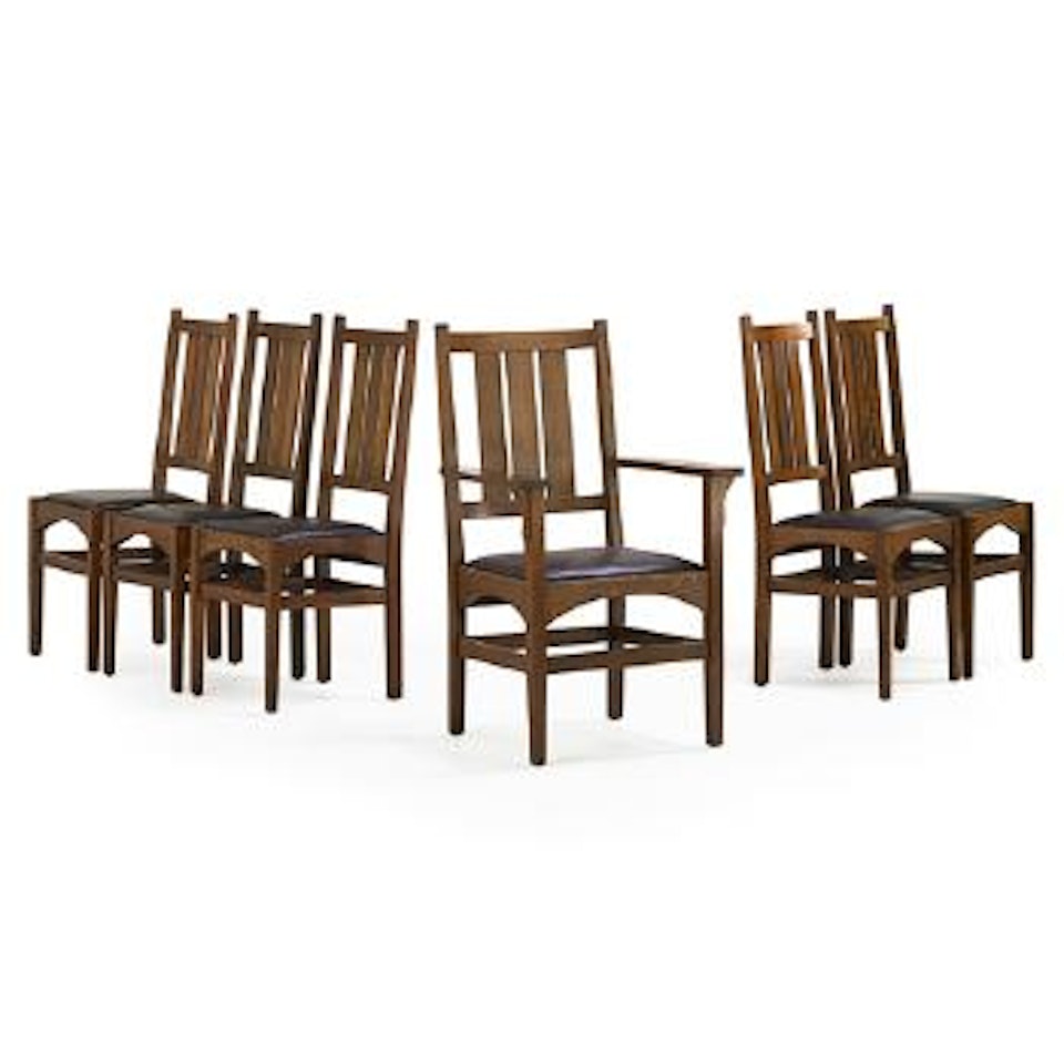 Set Of Six Dining Chairs, Five Side-, One Arm by Harvey Ellis by Gustav Stickley