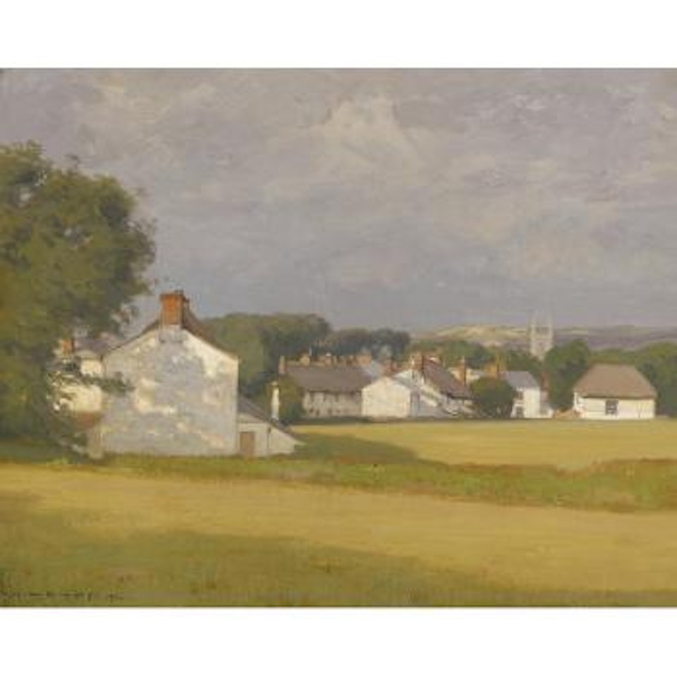 Village with a church spire in the distance by William Wendt