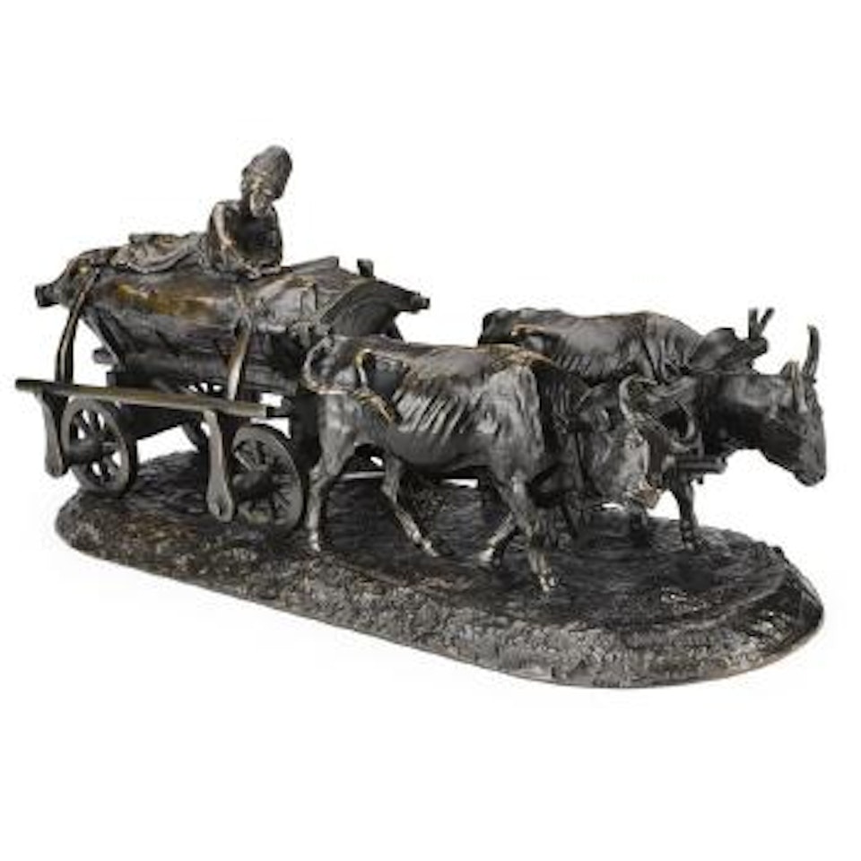 A bronze group of a boy driving oxen by Eugene Alexandrovic Lanceray
