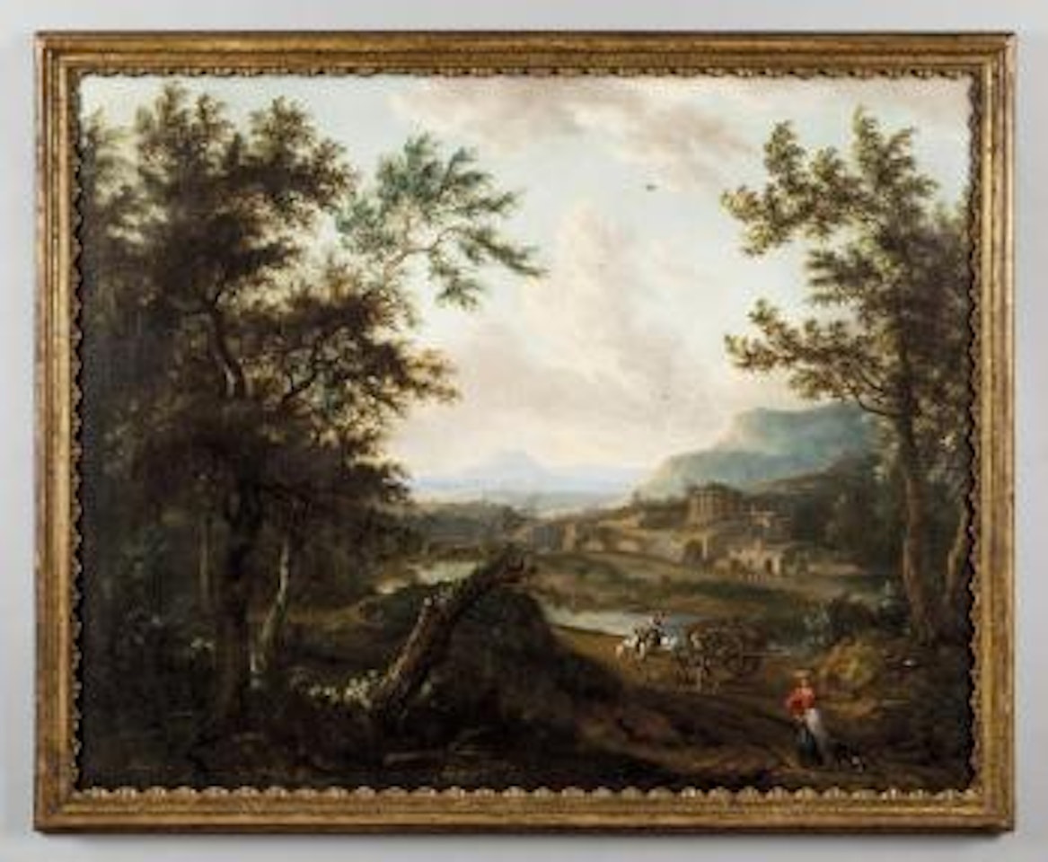 Paesaggio animato con figure e carretto by Roman School