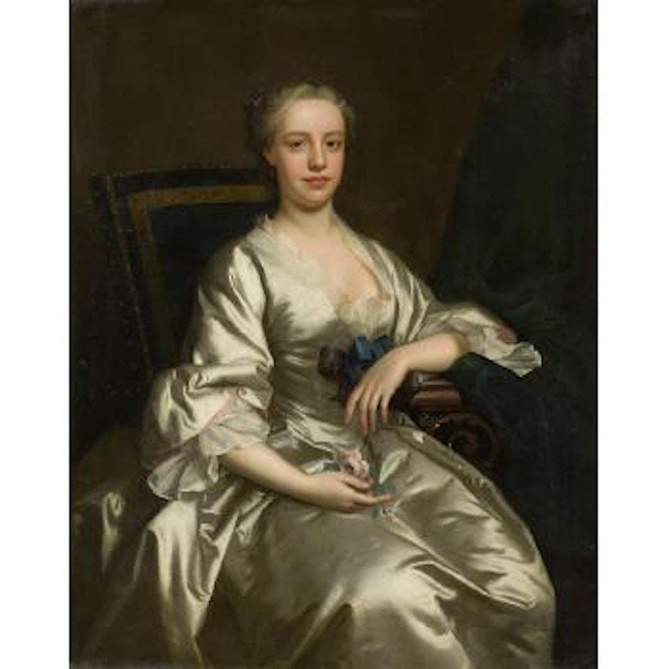 Three-quarter length portrait, called Flora MacDonald wearing a satin dress and holding a rose by Thomas Hudson