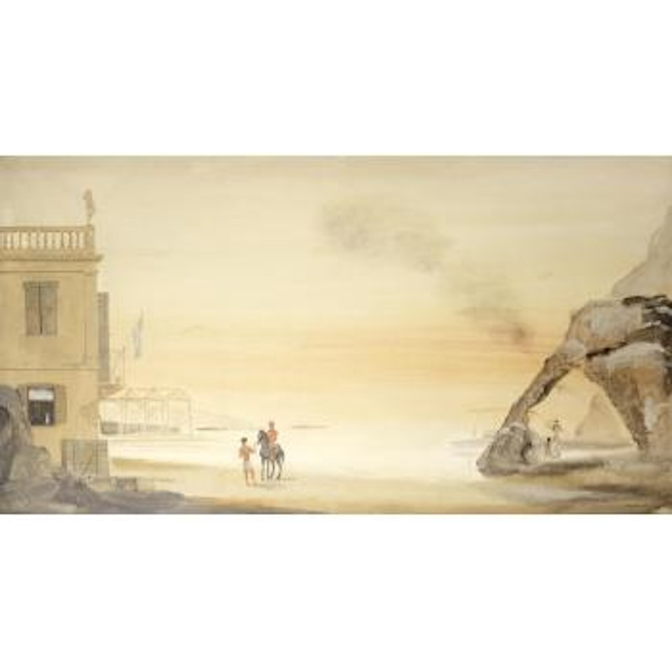 Neoclassical house with horse rider at the beach and cave by Yannis Tsarouchis