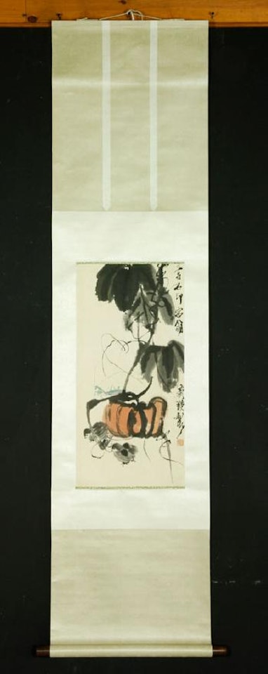 A gourd, a pair of chicks and a vine and grasshopper by Qi Baishi