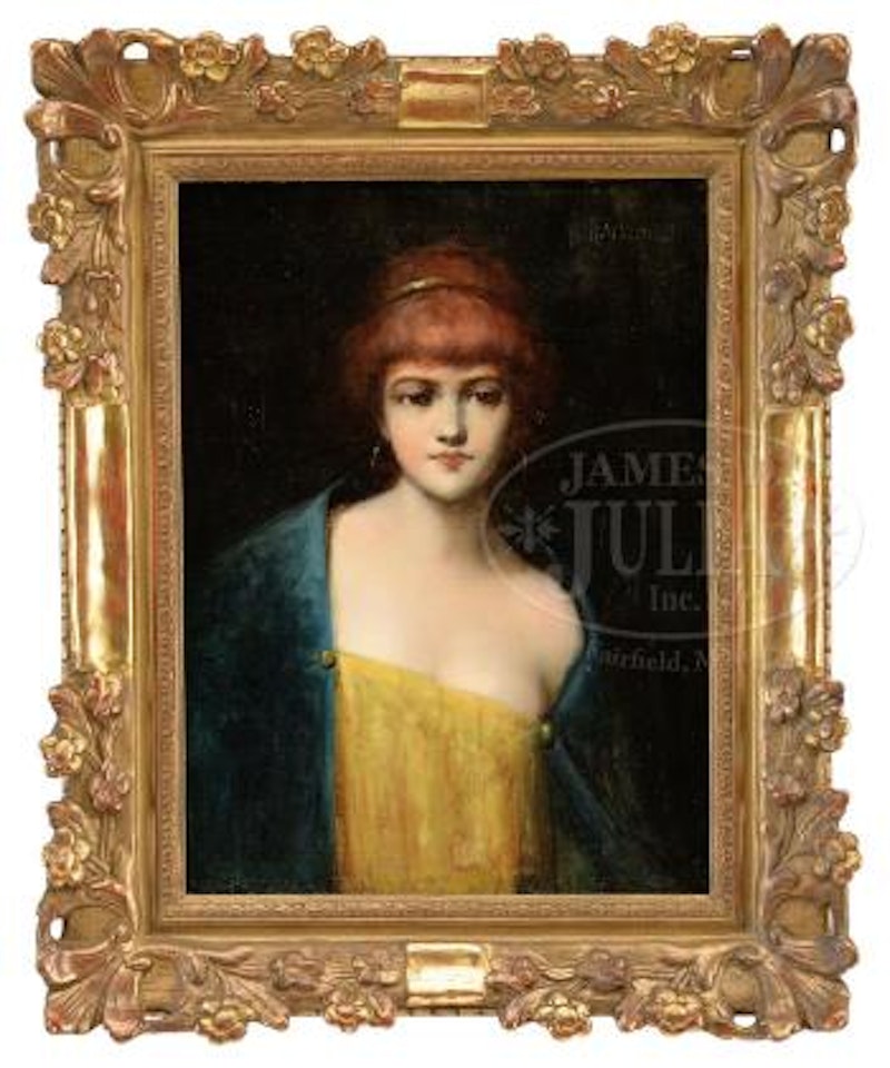 Portrait of a young woman in yellow dress by Alexei Harlamoff