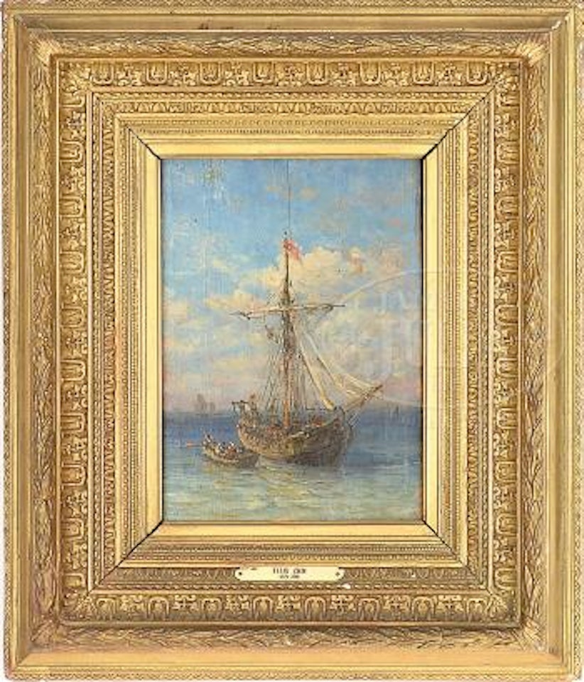 Moored galleon with rowboat by Félix Ziem