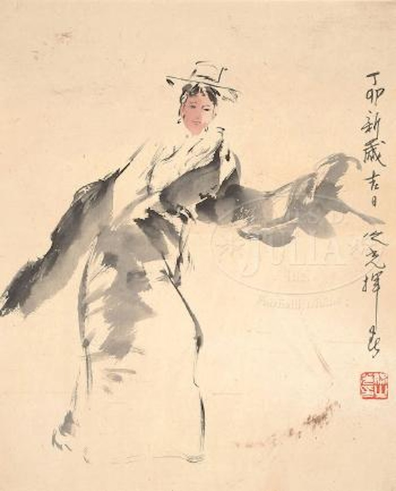 Bird perched on rock, with peony branches. Minority group woman dancing by Lu Yifei