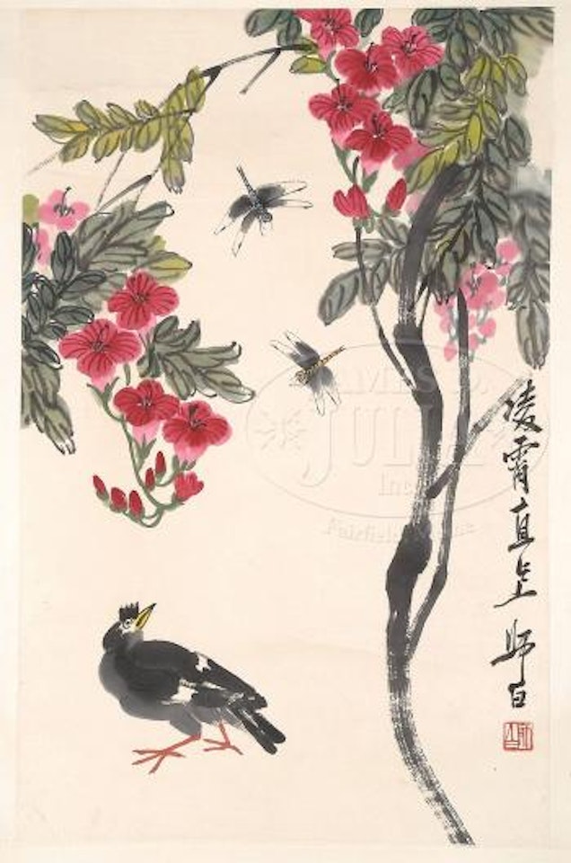 Crow and two dragonflies amidst morning glories by Lou Shibai