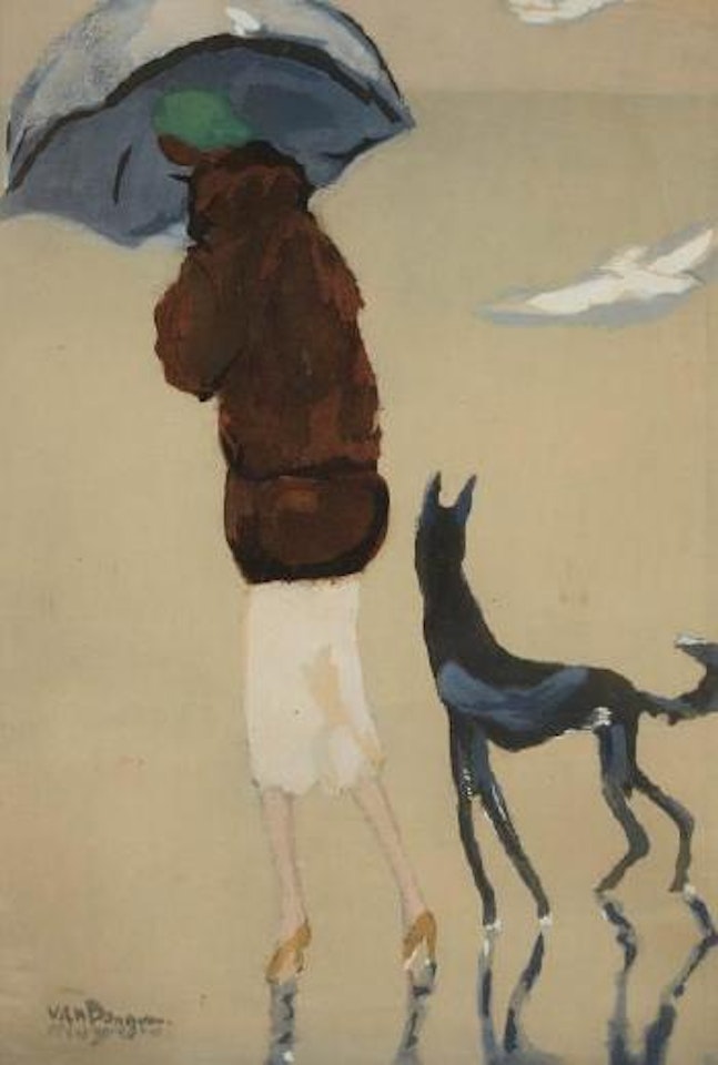 Femme avec un chien marchant sur la plage by Kees van Dongen