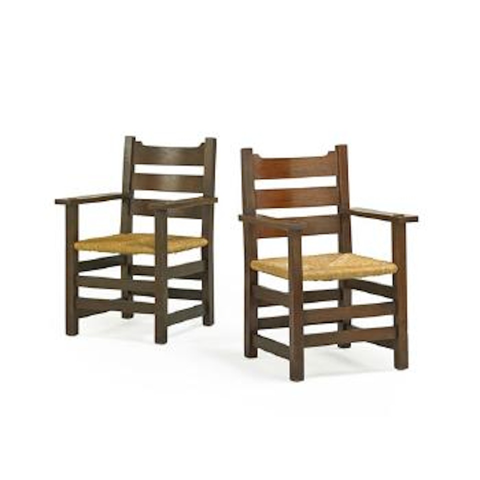 Pair Of Early Armchairs With Rush Seats by Gustav Stickley