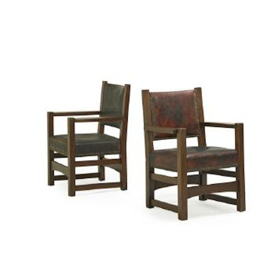 Pair Of Leather Armchairs by Gustav Stickley