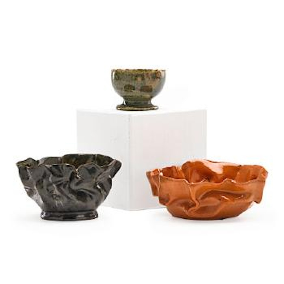 Egg Cup And Two Small Crimped And Folded Bowls by George E. Ohr