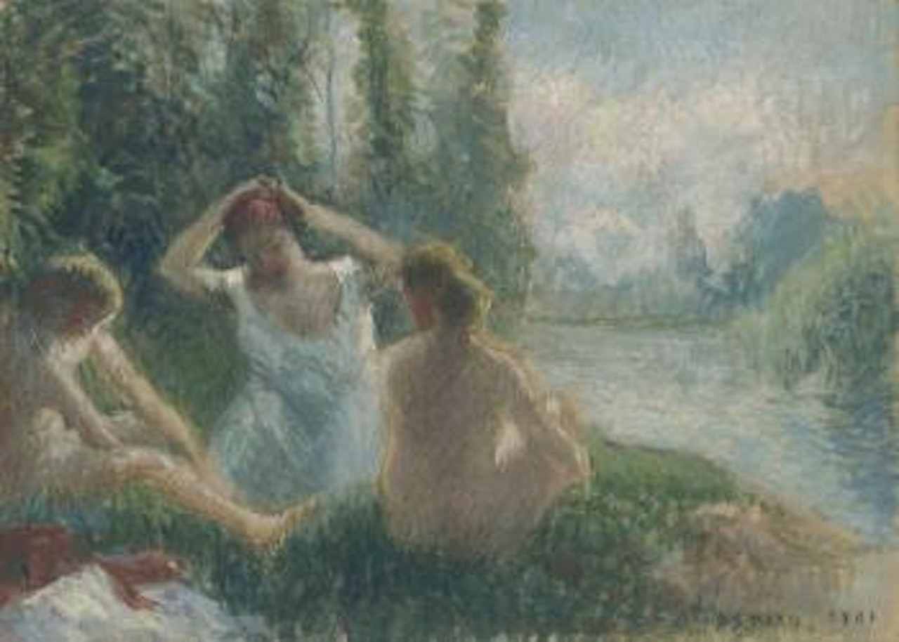 Baigneuses assises au bord d'une rivière by Camille Pissarro