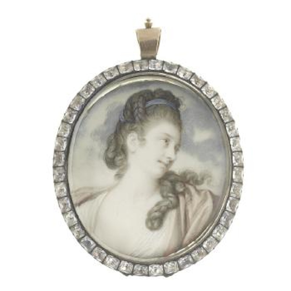 A Lady, called Mrs Phillipson, in semi-profile to the right, wearing white dress and pink stole by Richard Cosway