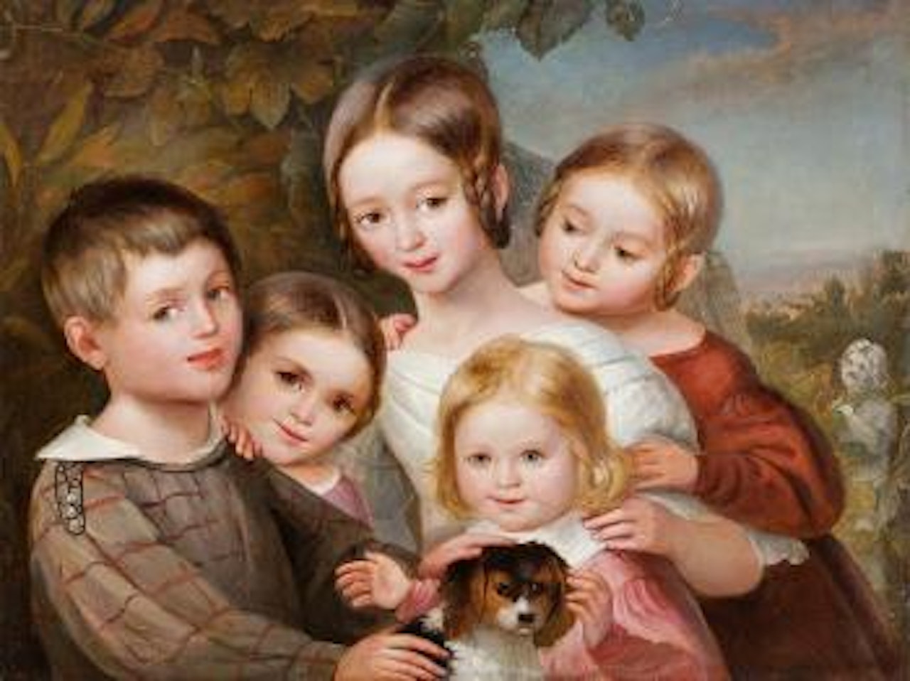 Children's Portrait With Little Dog by German School